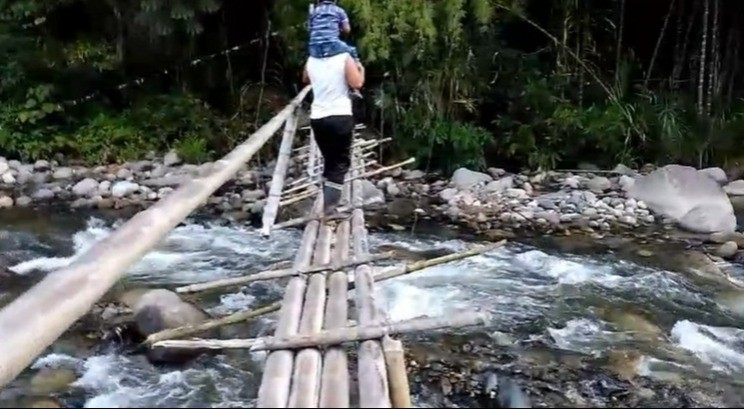 Campesinos arriesgan su vida al pasar por puente improvisado en Coello Cocora