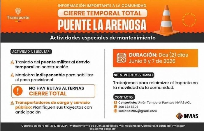 Cierre de la vía Guamo-Ortega por obras en puente La Arenosa