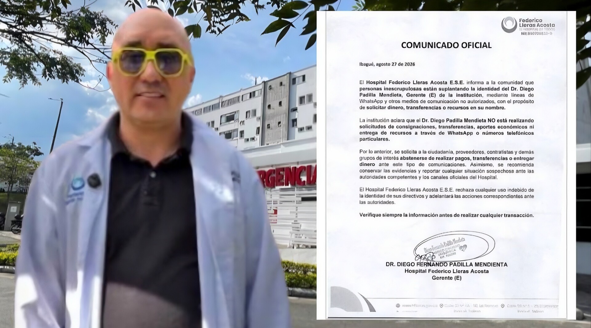 Alerta por suplantación del gerente del Hospital Federico Lleras Acosta