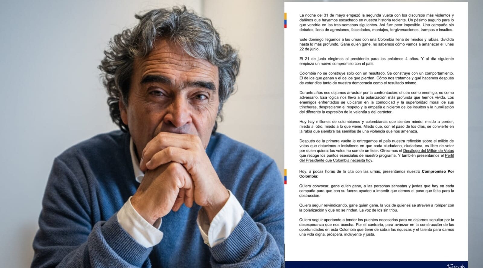 Pronunciamiento de Fajardo a dos días de elecciones presidenciales