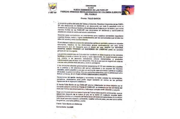Panfleto de El Líbano no es de las Farc es de delincuencia común: Policía