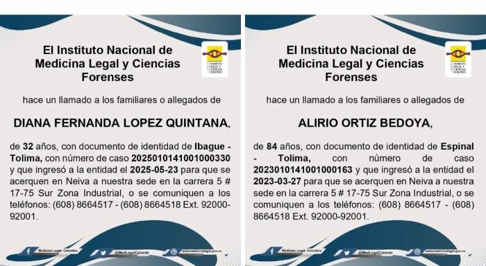 Medicina Legal busca a familiares de dos tolimenses fallecidos en Neiva