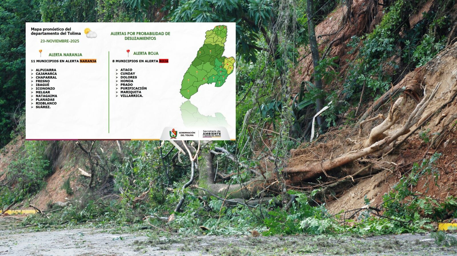 Ocho municipios del Tolima en alerta roja por deslizamientos