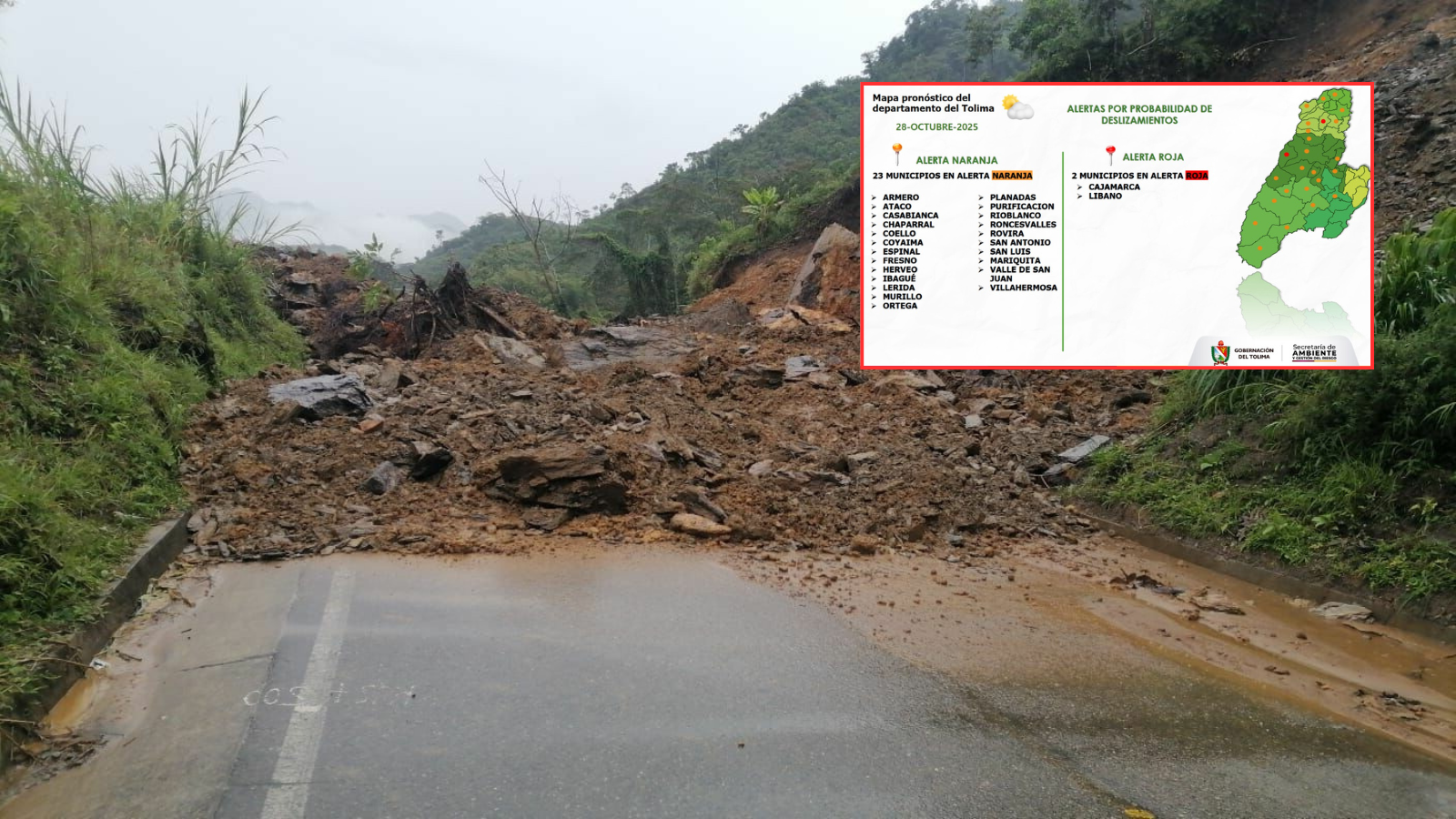 Lluvias intensifican el riesgo en el Tolima: 40 municipios en alerta naranja y dos en roja