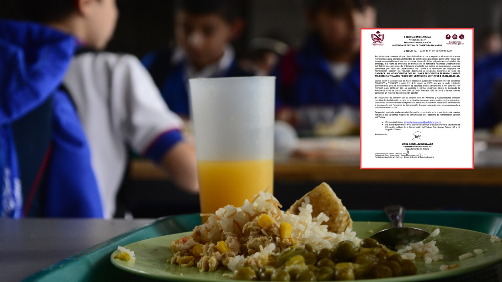 Tolima suspende el Programa de Alimentación Escolar por falta de recursos