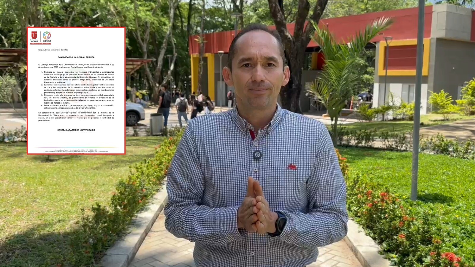 Universidad del Tolima rechaza amenazas contra el vicerrector Diego Polo