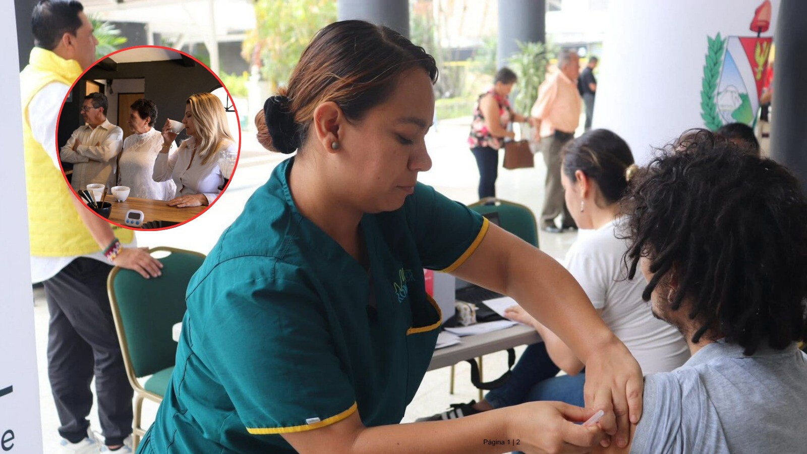 Vacuna en brazo y café en mano