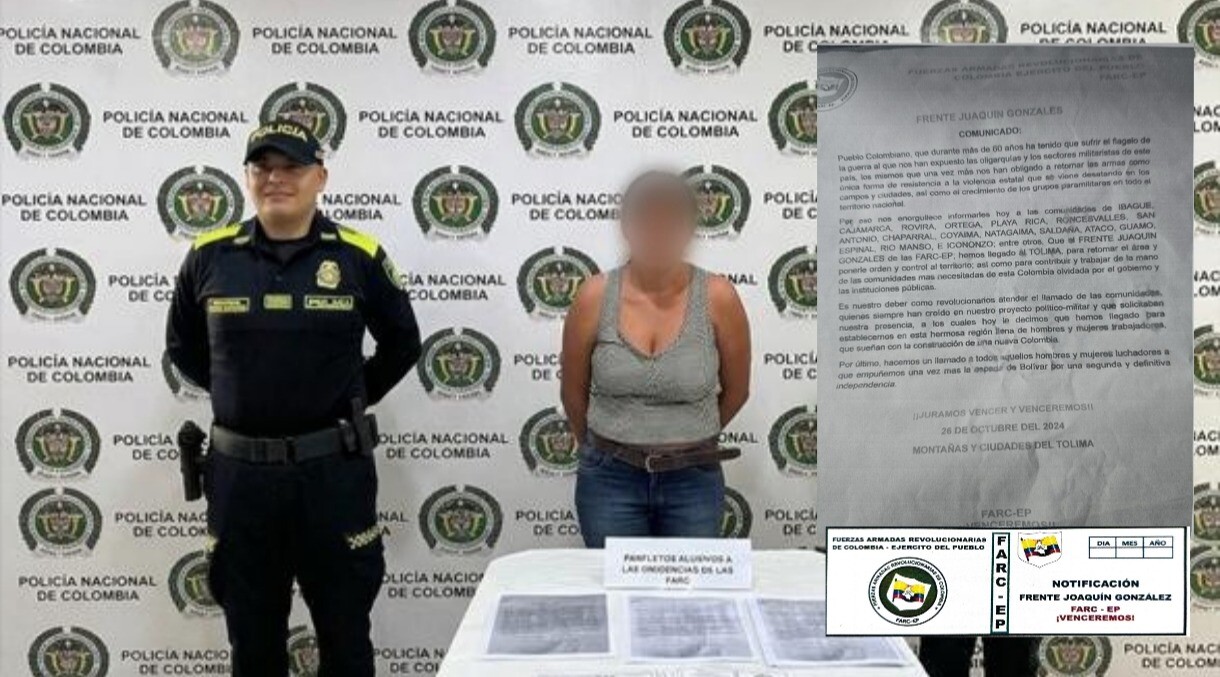 Cae alias "La Negra" con panfletos de las FARC en Rovira
