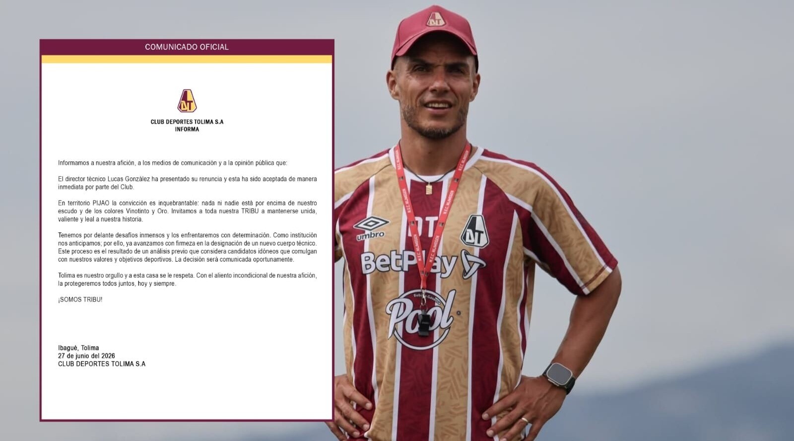 Deportes Tolima oficializa la salida de Lucas González como D.T.