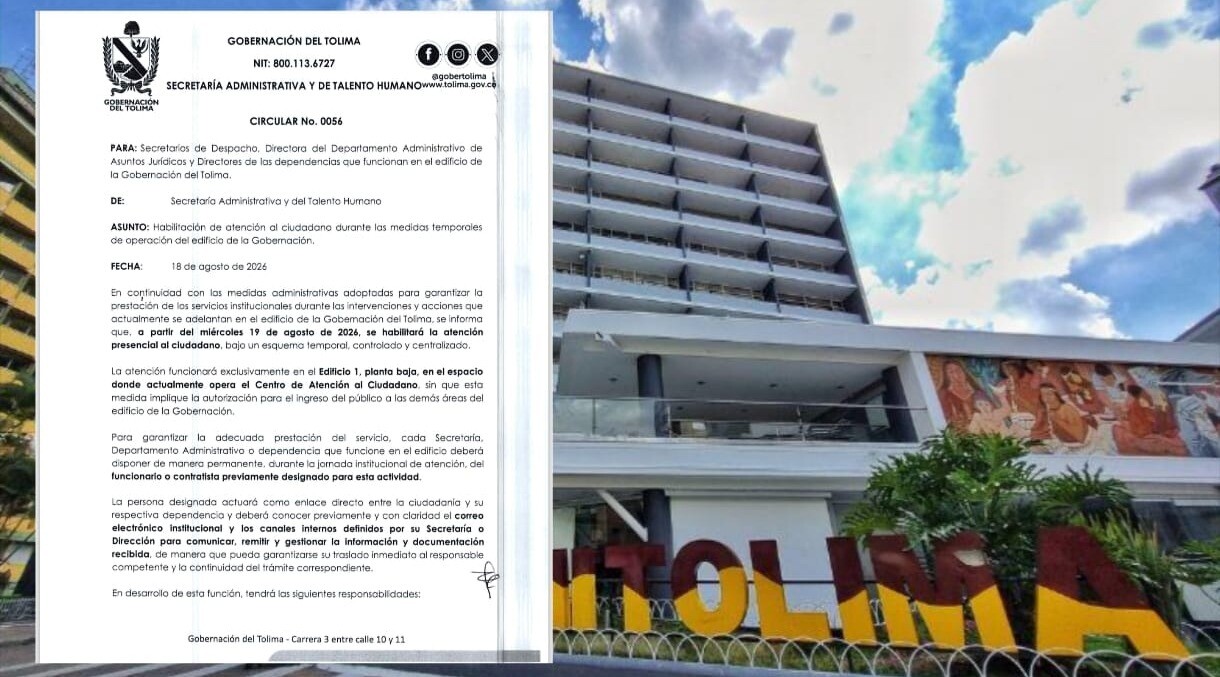 Gobernación del Tolima reabre atención presencial