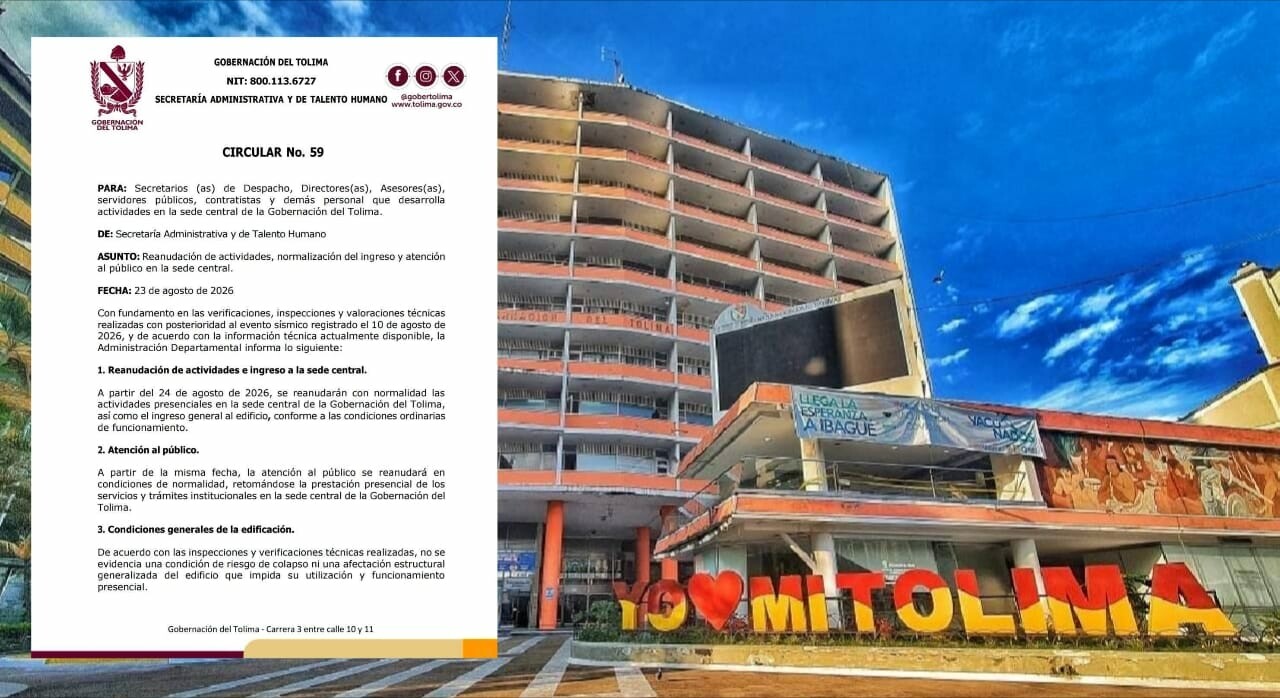 La Gobernación del Tolima reabre sus puertas luego de 14 días de evaluaciones técnicas