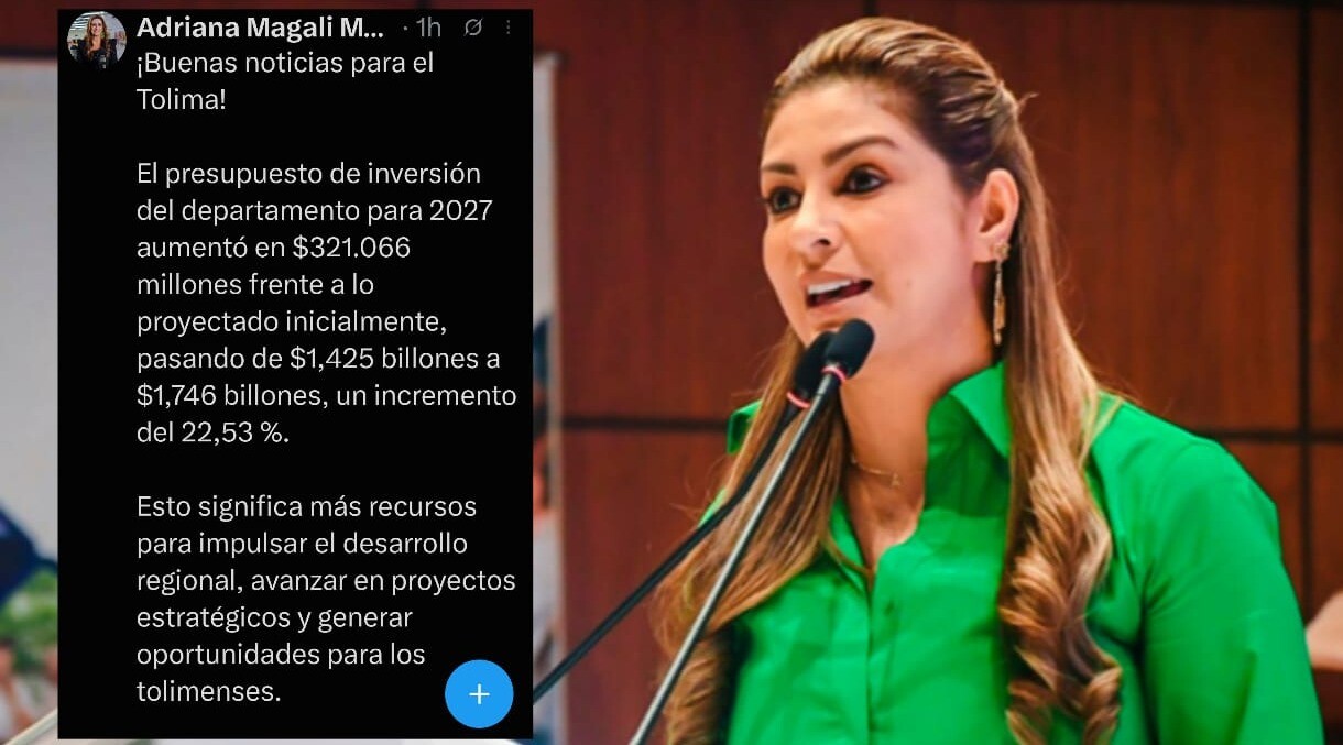 Adriana Matiz celebra aumento del 22,53% de presupuesto para el Tolima en 2027