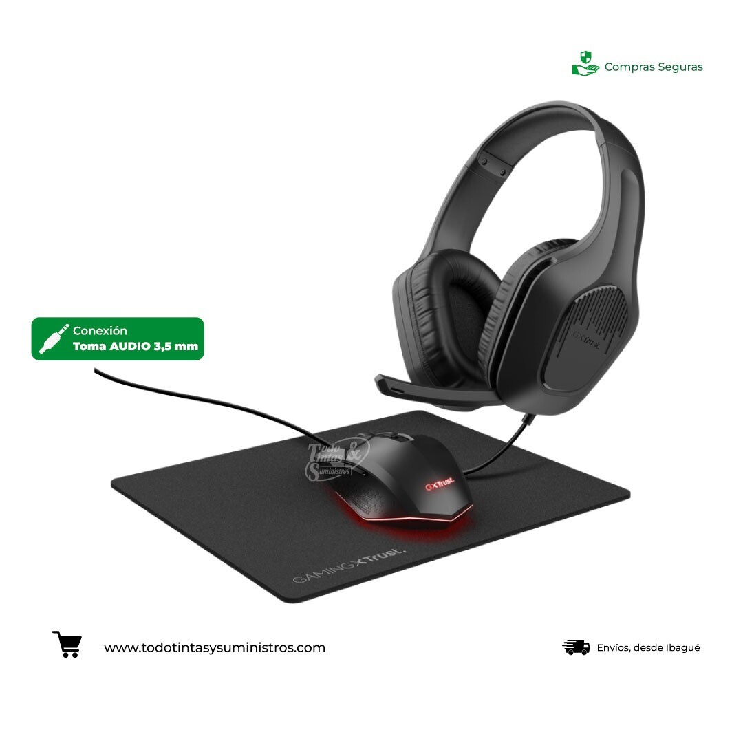 Combo Trust GXT 790 3 en  1 Diadema+Mouse+Pad Mouse Alambrico Negro