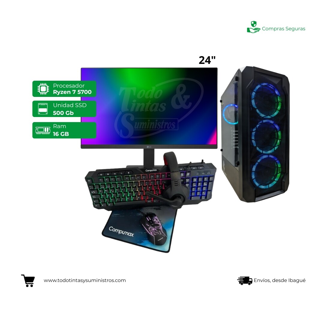 Computador Compumax 24" Ryzen 7 -5700 Ram 16Gb Ssd 500Gb + Soporte de monitor tipo Clip