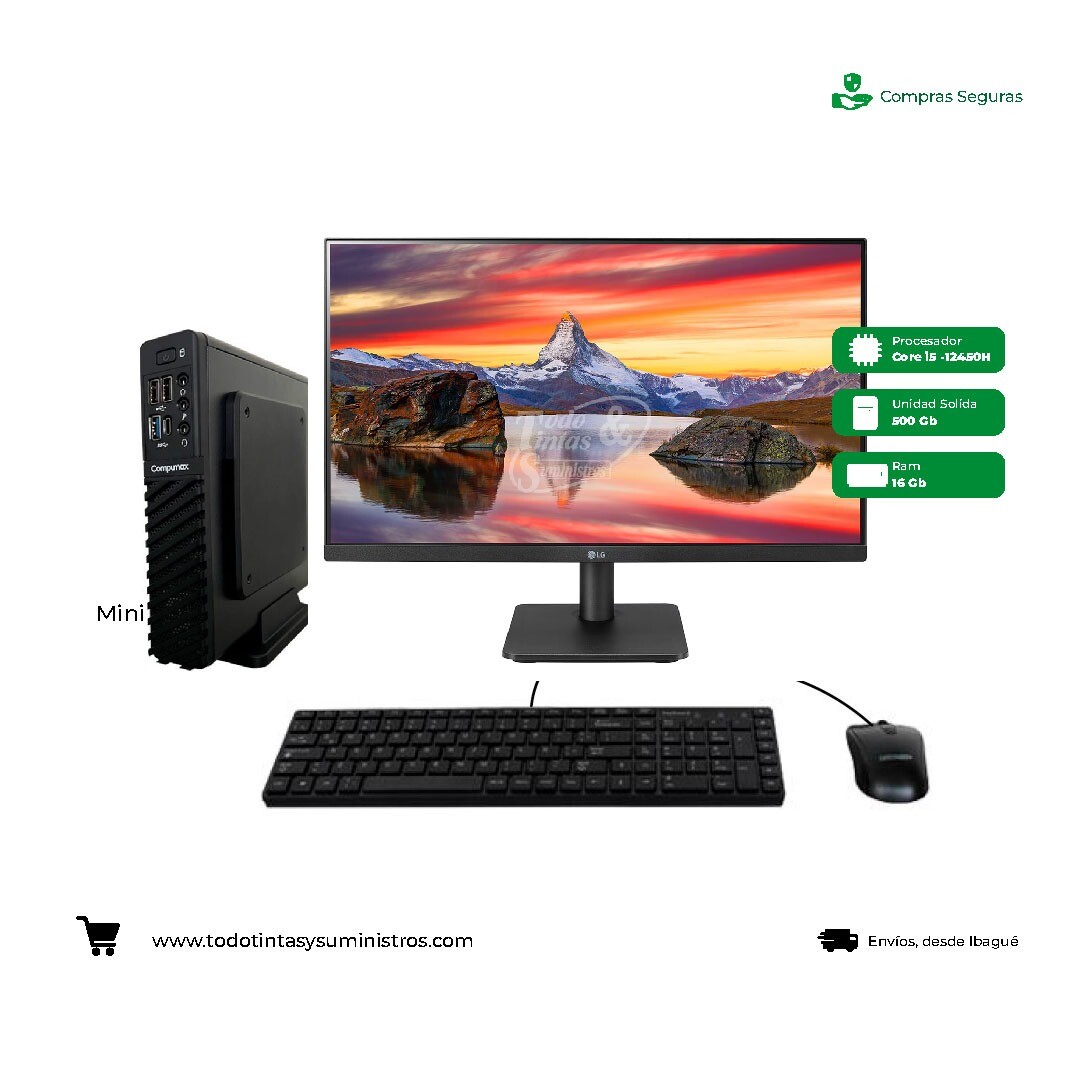 Computador Compumax Mini Draco 4053 24"LG Intel Core i5 Ram16Gb SSD512GB + Soporte de monitor tipo Clip