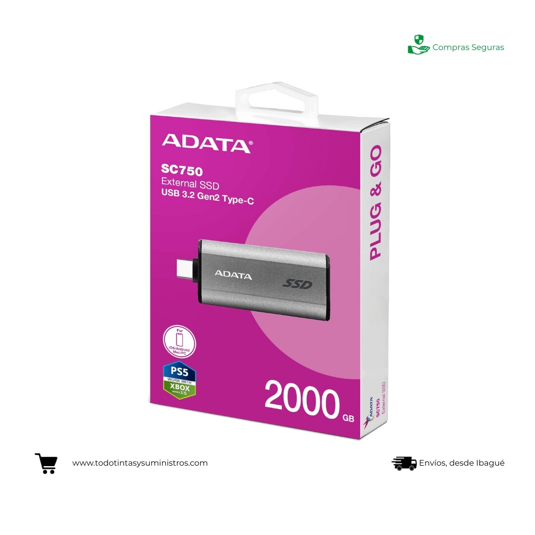 Unidad de estado solido externo Adata SC750 2TB tipo C gris