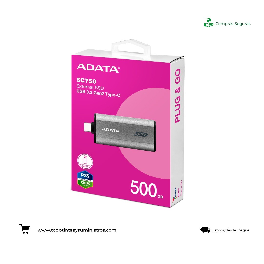 Unidad de estado solido externo adata SC750 500Gb tipo C gris