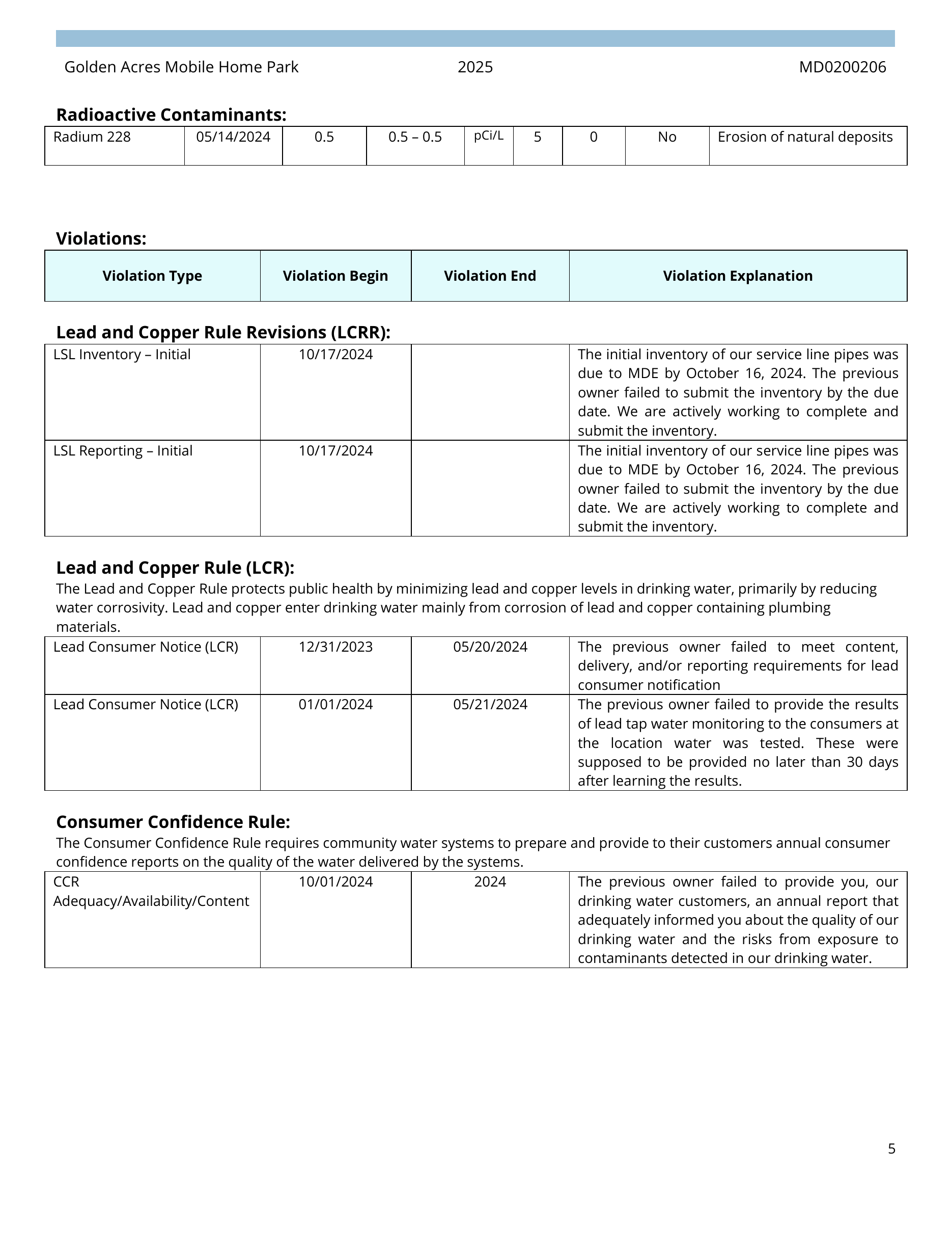 Fosters Mhp, MD 2024 CCR, page 5