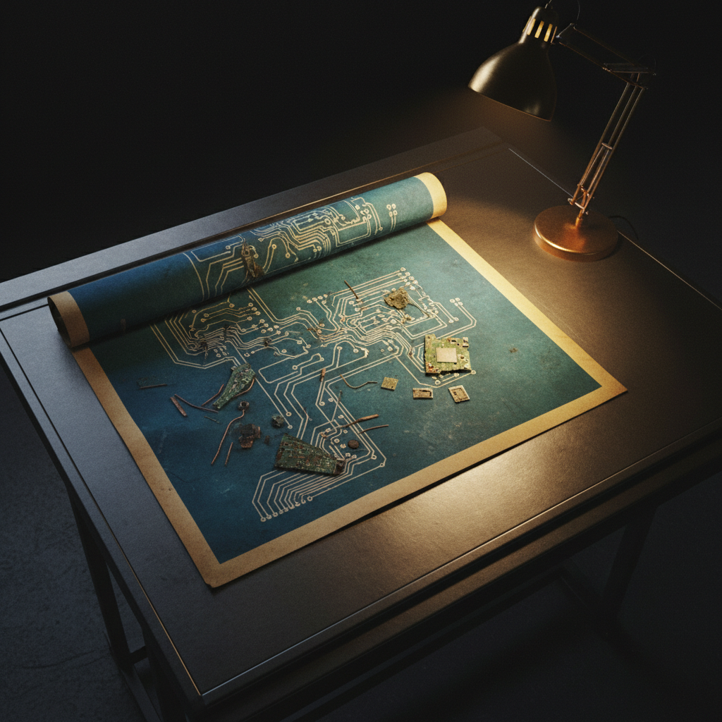 Aged blueprint unfurled on dark industrial drafting table, intricate circuit fragments scattered across, high-angle view, dramatically lit by single focused lamp, deep shadows.