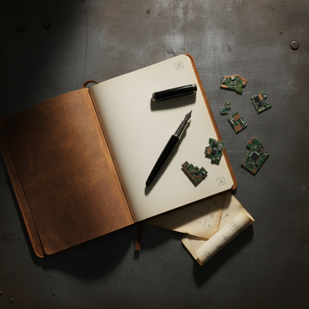 Open leather ledger, fountain pen, and subtle circuit board fragments, shot from a dynamic high angle, moody side-lighting. Rich textures on a dark, industrial desk.