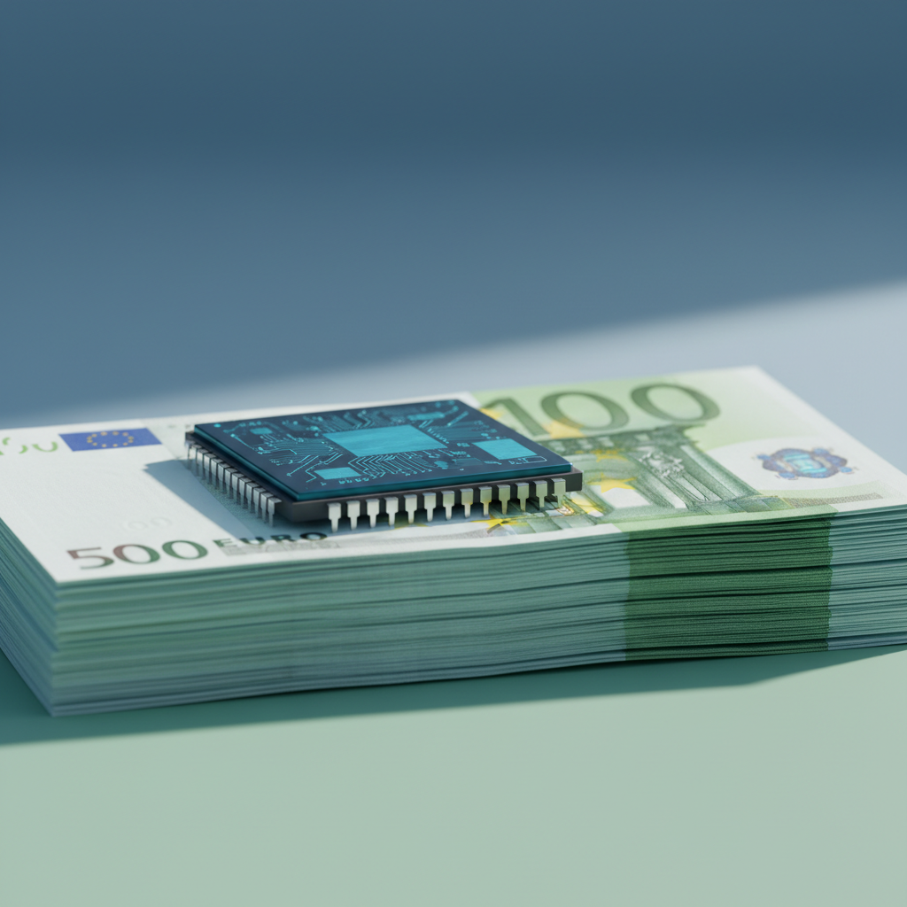 A single, polished AI-generated chip sits on a stack of crisp, new banknotes, side view, bright natural light, cool blues and greens, metallic and paper textures.