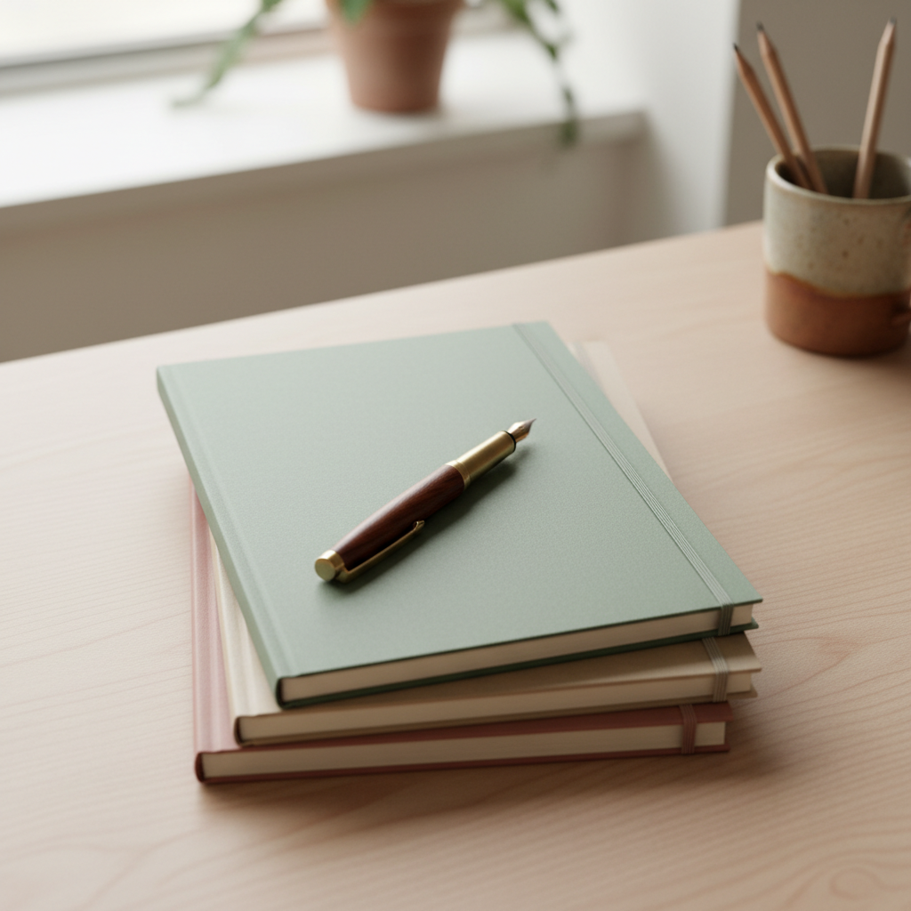 Stacked notebooks and a single pen on a minimalist desk, overhead view, natural window light, muted earth tones, matte paper and wood textures.