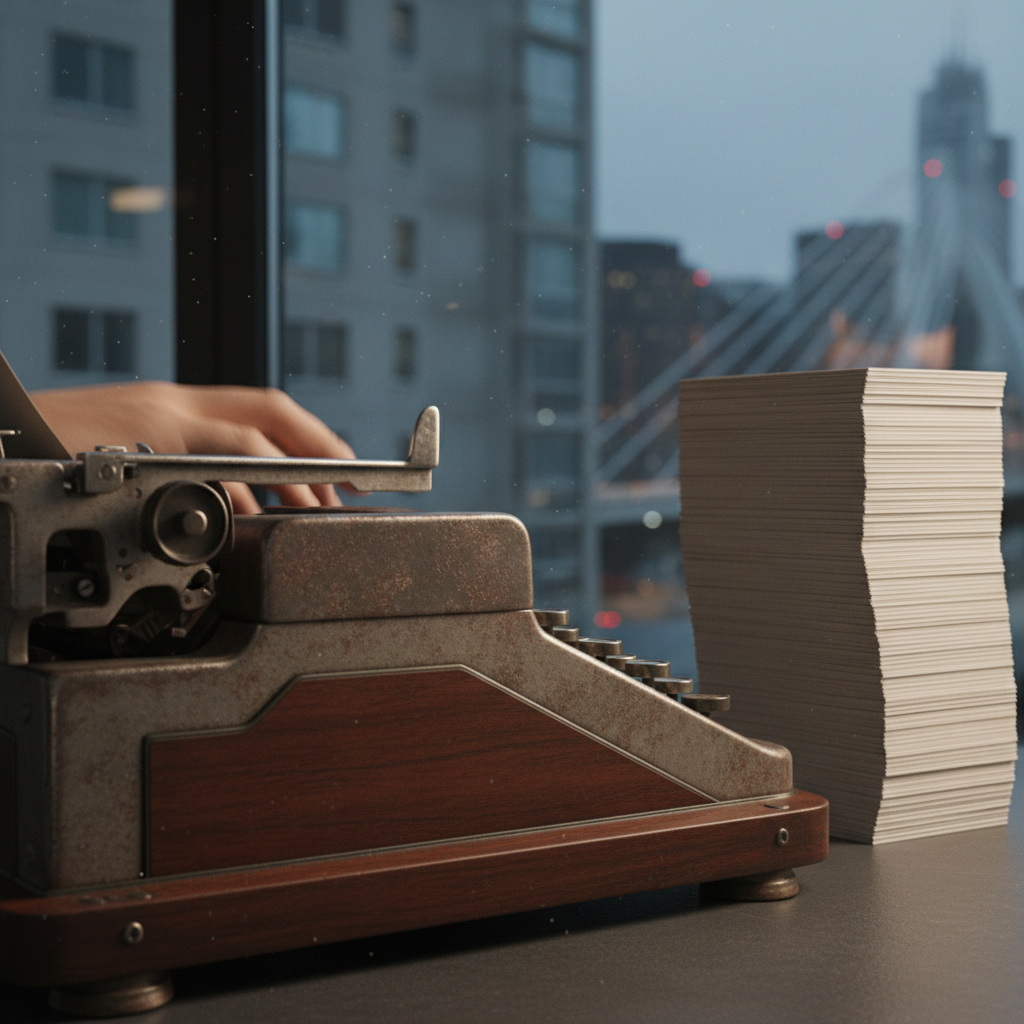 Aged typewriter, keys pressed by blurred hand, dynamic low angle, moody side-light on worn metal & rich wood. Perfectly uniform stack of blank cards behind.
