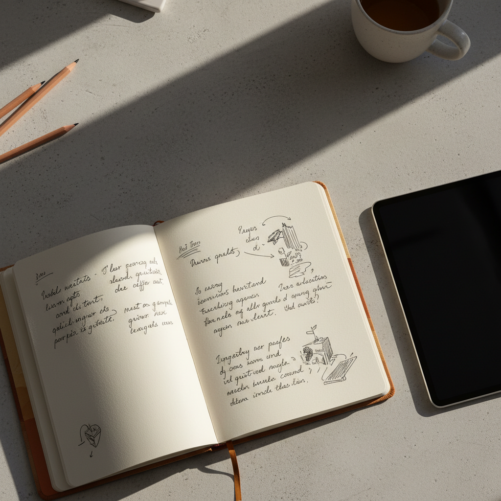 Open artisan journal with handwritten ideas, overhead on a textured desk, warm side light, sleek tablet edge catching light.