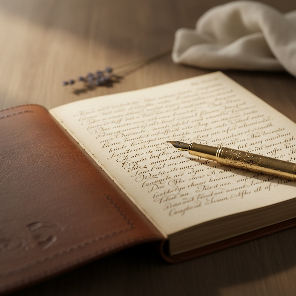 Elegant hand writing in an open leather-bound planner, close-up from above, soft diffused light, blurred high-end pen resting beside.