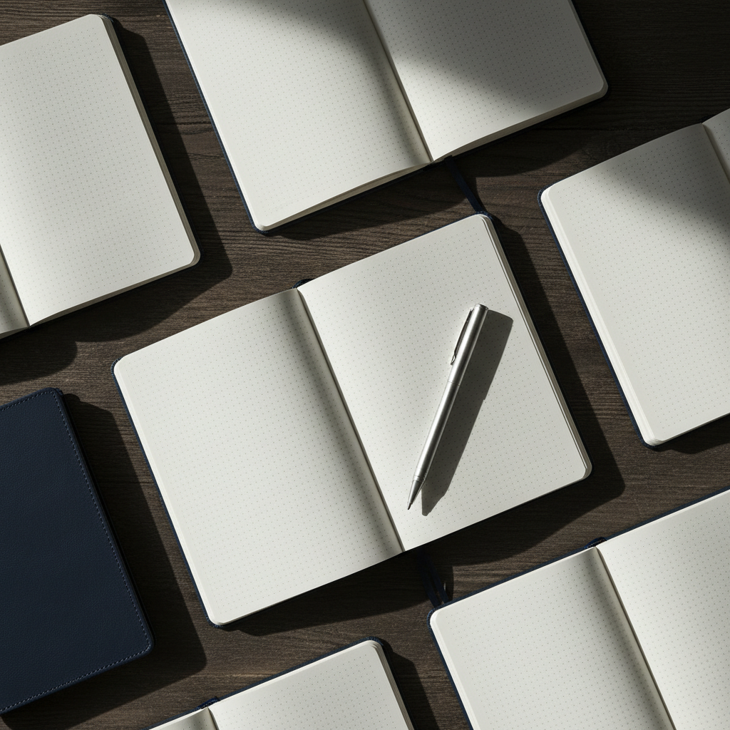 Overhead view of several identical, open premium notebooks on a dark, textured wood desk, dramatic side lighting, a sleek pen resting on one.