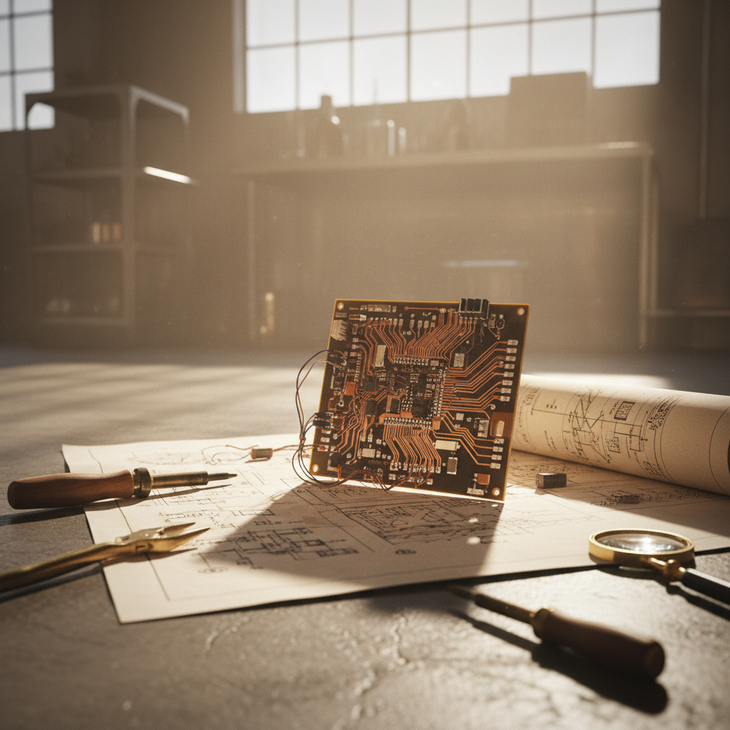 Disassembled circuit board with intricate wiring, resting on a partially unrolled, ink-stained blueprint, shot from a dynamic low angle looking up, dramatic shaft of sunlight cutting across the scene, aged brass tools scattered, industrial concrete floor texture.