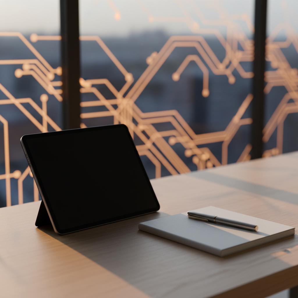 Minimalist desk, quality pen near a sleek tablet (off), golden hour light, blurred geometric patterns suggesting data flow.