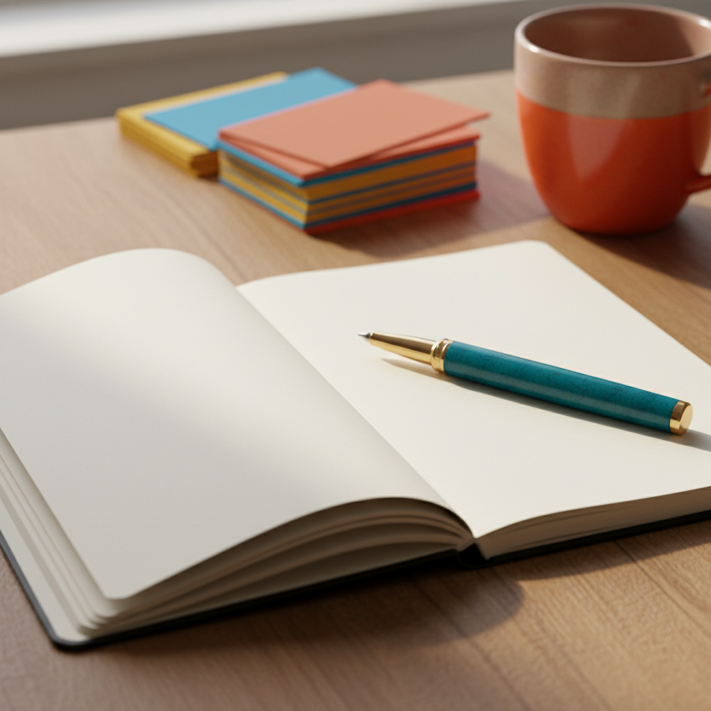Open minimalist notebook and artisan pen, 45-degree, soft window light, blurred stack of textured business cards and ceramic mug.