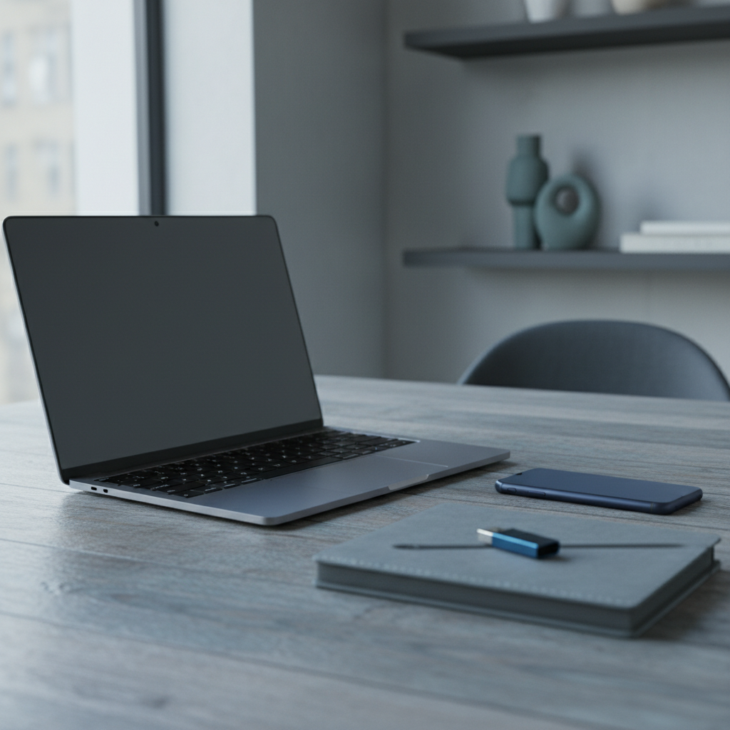 Laptop, phone, and USB drive on a wooden desk, eye-level, natural window light, cool blues and grays, matte plastic and wood grain textures.