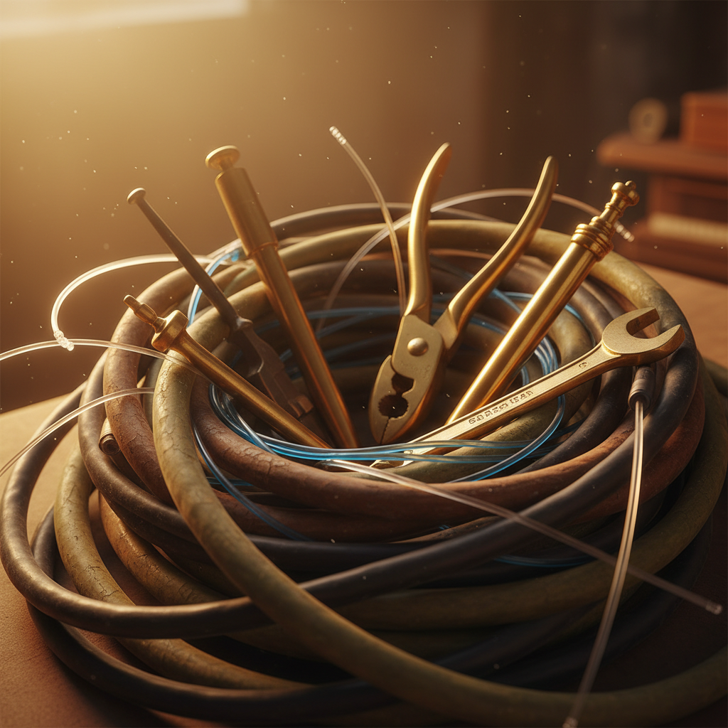 Dense tangle of thick vintage communication cables intertwined with sleek fiber optics, brass tools resting on them, extreme close-up, dramatic side-lighting, worn rubber & polished brass textures.
