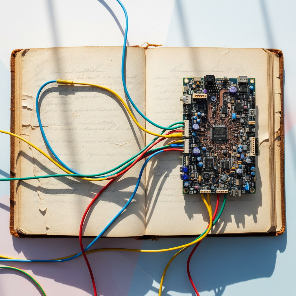 Faded ledger book splayed open, obscured by vibrant cables leading to an intricate circuit board. Sharp overhead shot, moody side-lighting, contrasting worn paper with sleek tech textures and deep shadows.