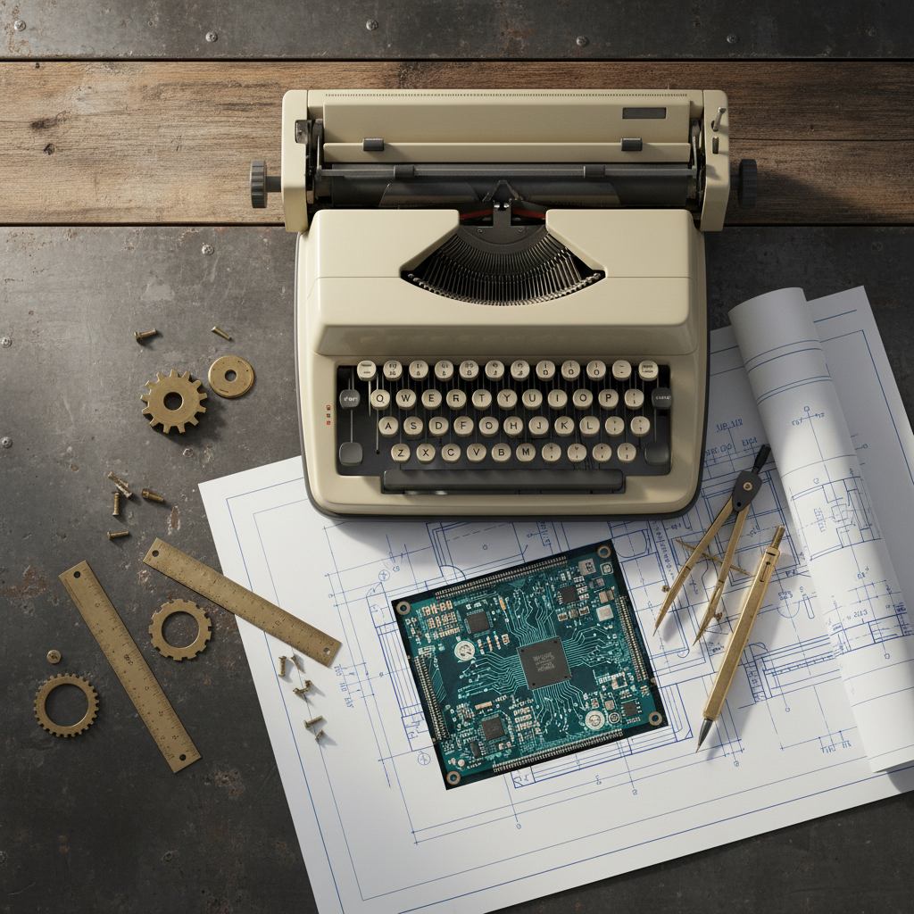 Vintage typewriter on industrial desk, partially obscured by blueprint with exposed circuit board & brass tools. Overhead shot, dramatic side-lighting, weathered wood & intricate tech textures.