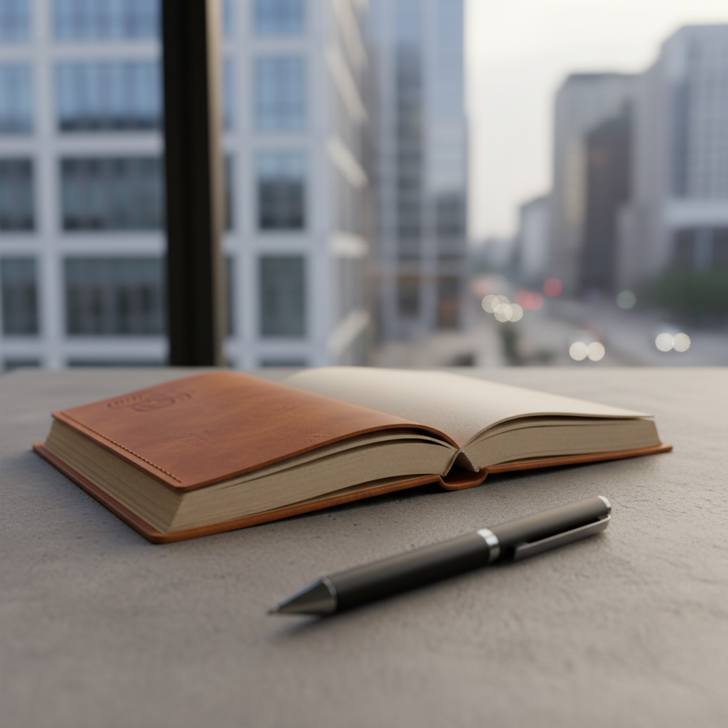 Artisanal leather journal open to a blank page, 45-degree angle, warm diffused light, modern smart pen crossing foreground, blurred.