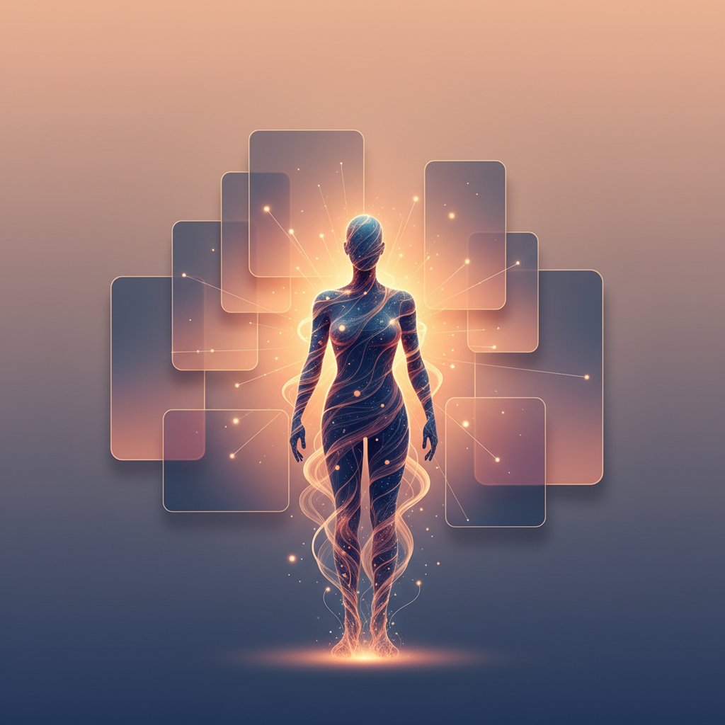 Flowing data streams forming abstract human silhouette, backlit, warm gradient, subtle luminous nodes.