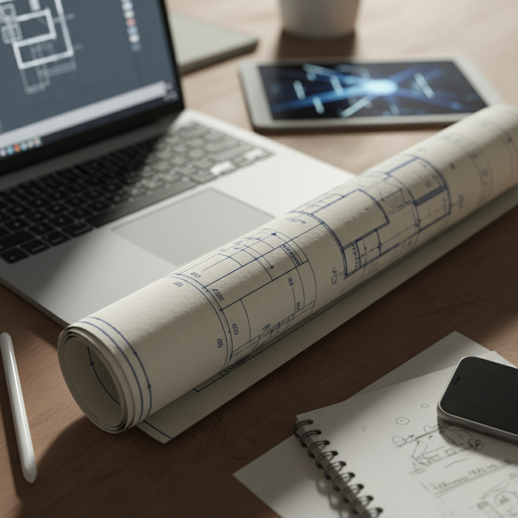 Crisp, focused blueprint roll, overhead, dramatic side light, surrounded by blurred snippets of various digital devices/notebooks.