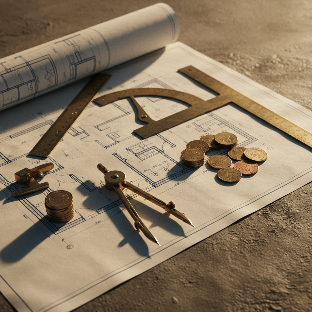Blueprint rolls unfurled on rough concrete, vintage brass tools & tarnished coins scattered, dynamic high-angle, moody side-light with sharp shadows, aged paper, cool blues, warm brass.
