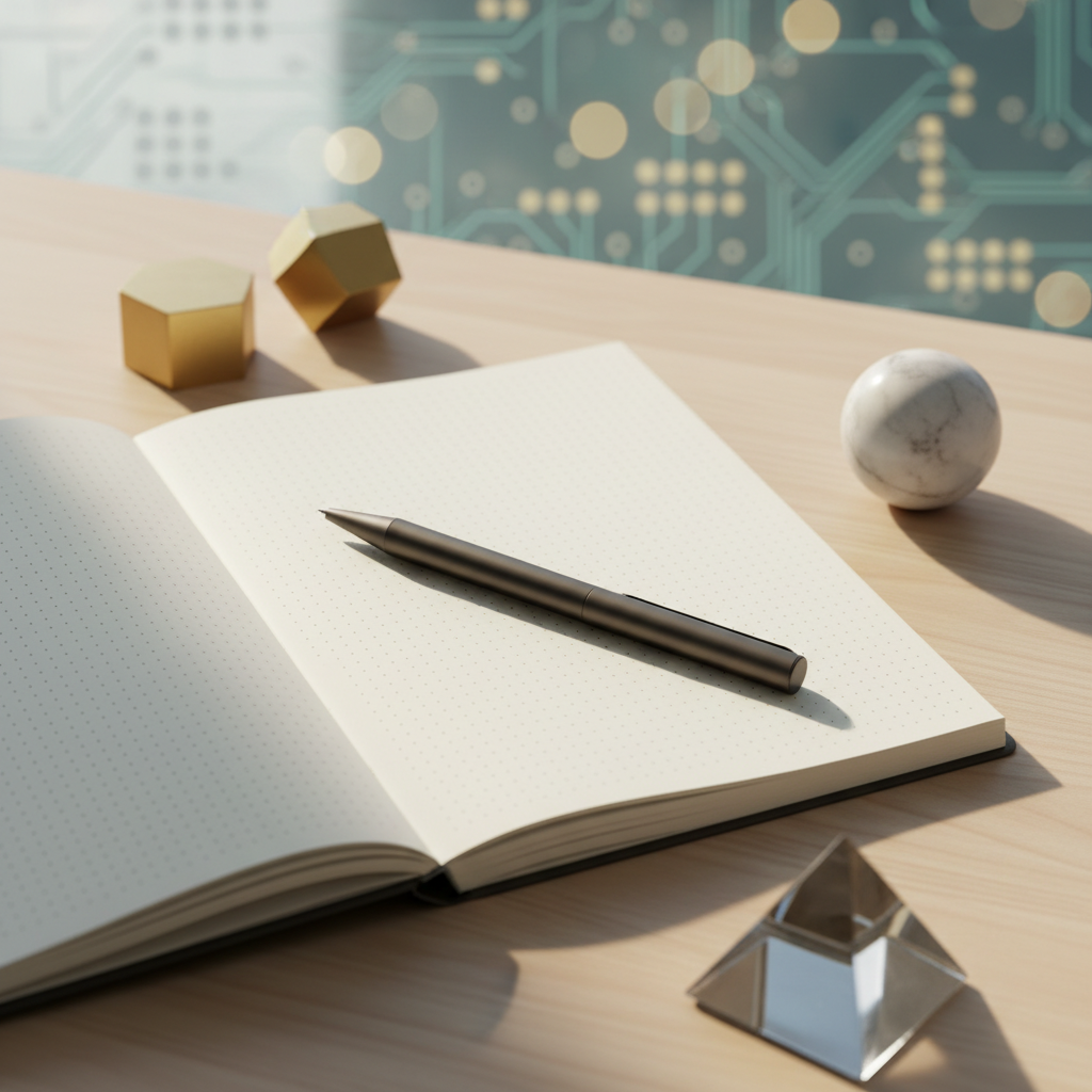 Open minimalist notebook with sleek pen, overhead offset, bright diffused natural light, scattered polished geometric shapes, soft-focused circuit pattern background.