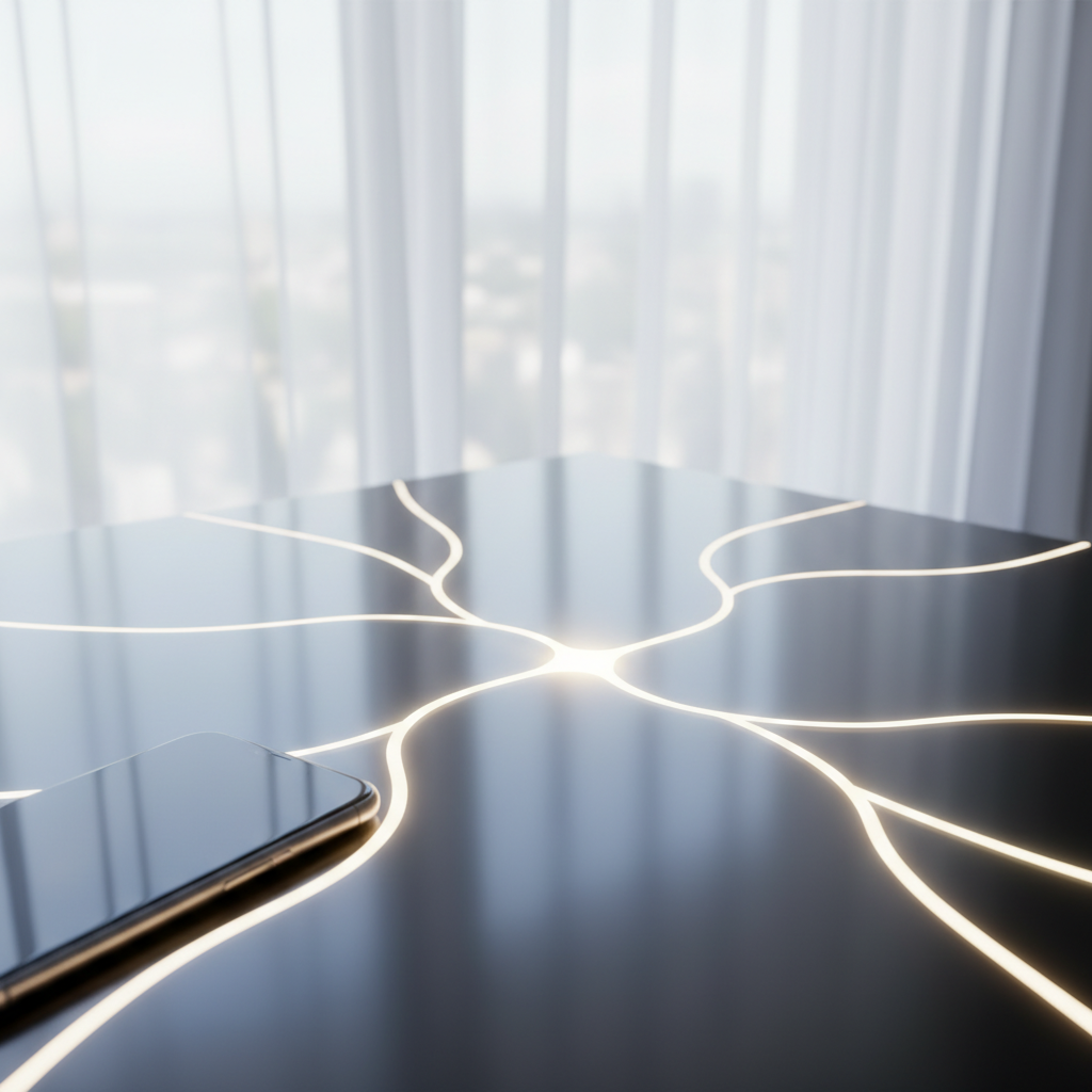 45-degree perspective on a polished, dark surface. Luminous, flowing lines converge into a central nexus, soft up-lighting creating a gentle glow. A sleek, modern device partially frames the scene.