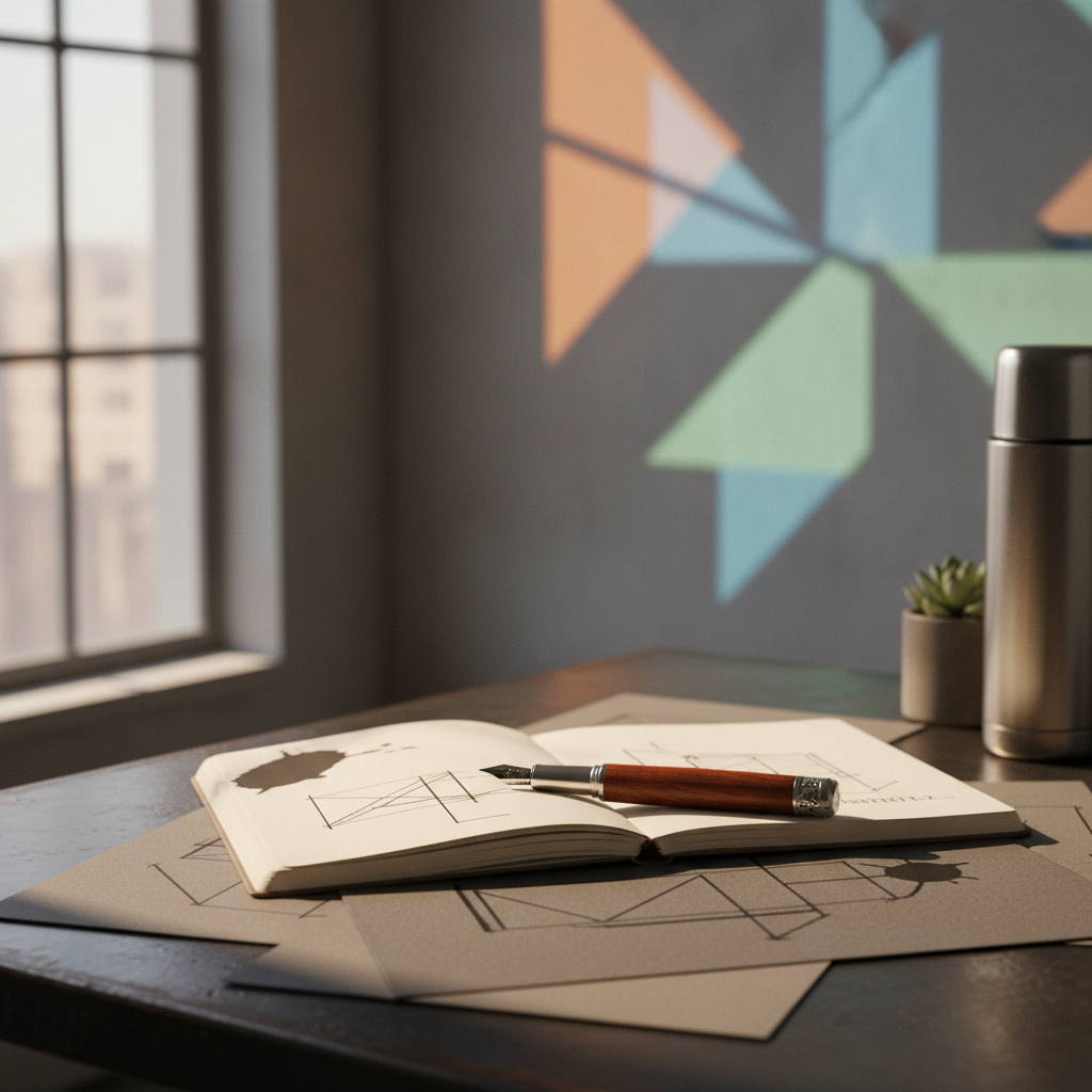 Artisanal fountain pen paused on strategic notes, soft side light, abstract geometric light patterns blurring in background