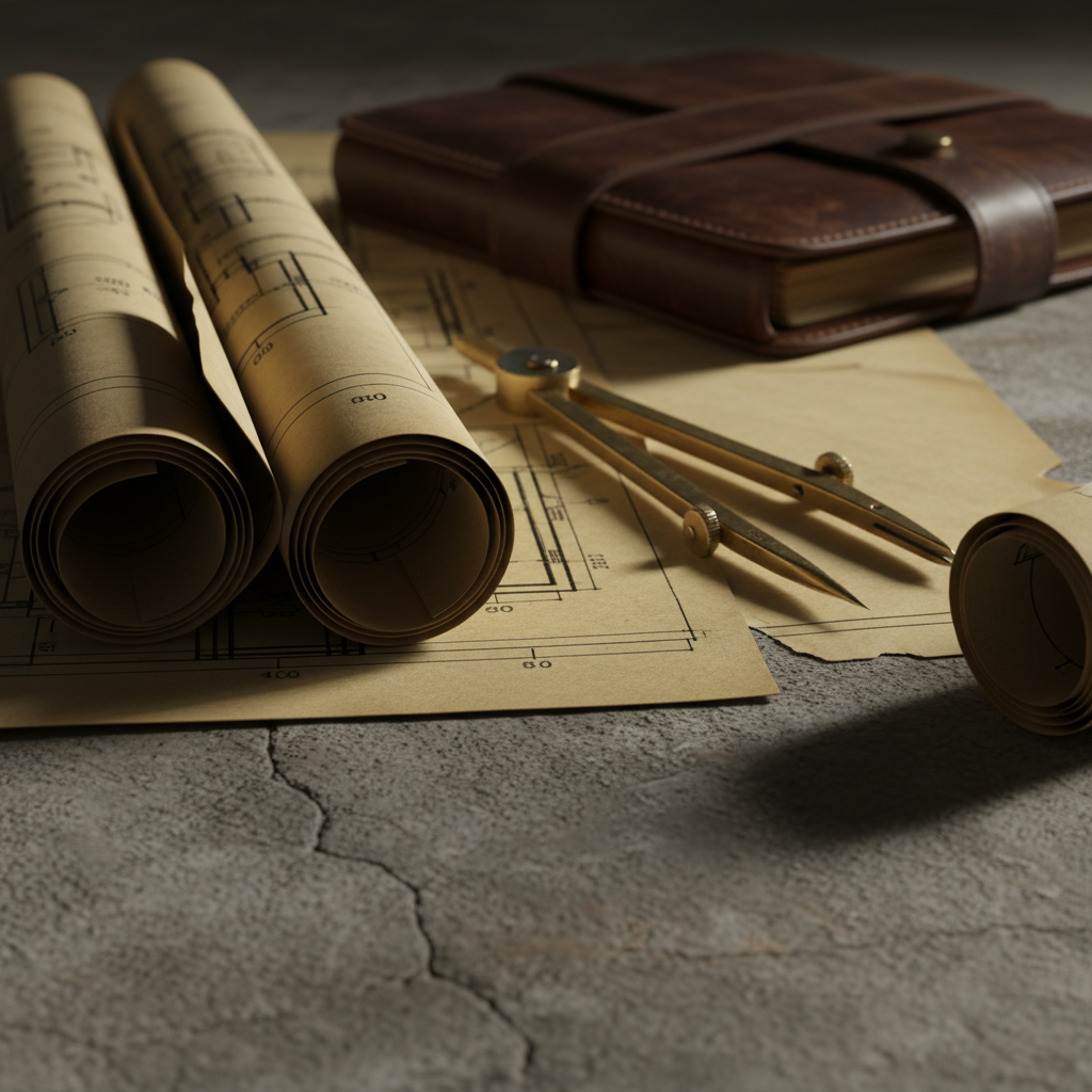 Unfurling blueprint rolls on a rough concrete surface, extreme close-up from a low angle, moody side-lighting, brass drafting compass, aged leather planner in soft focus.