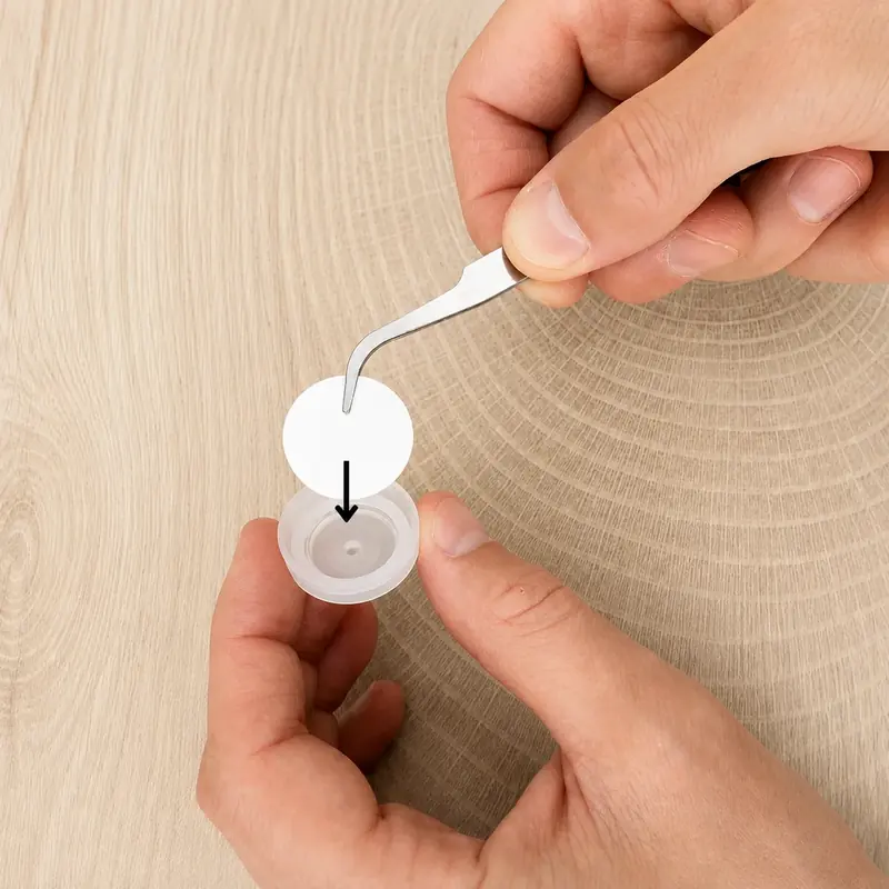 Placing the round filter membrane into the open filter holder with tweezers