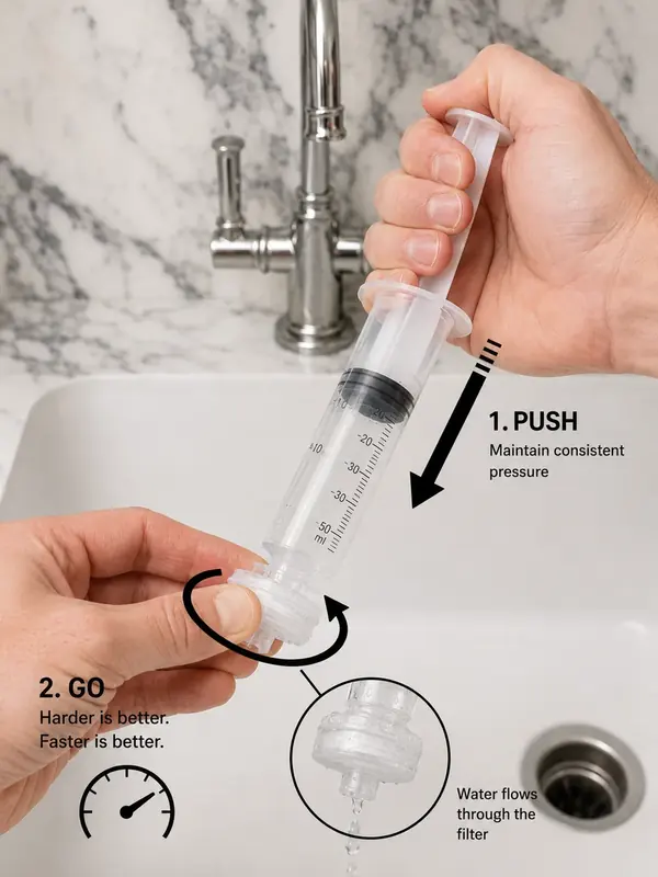 Pushing a water sample through the syringe filter