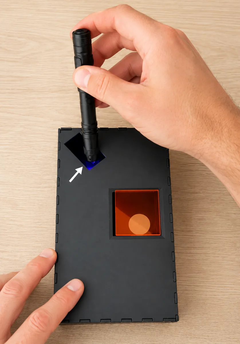 Sliding the flashlight into the rectangular hole on the top-left of the box