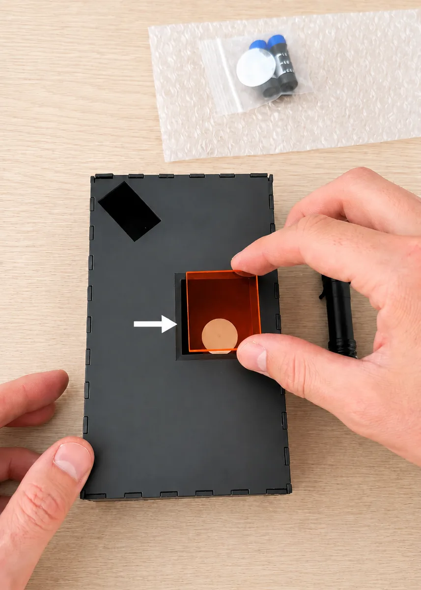 Setting the orange glass square over the window on top of the imaging box