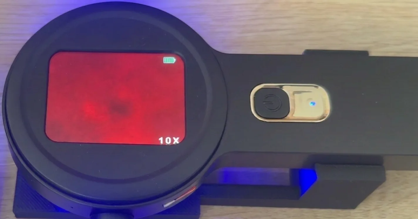 Clean microscope view — an even red field with no particles (example 6)